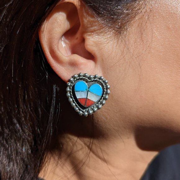 Zuni Heart Shaped Earrings, Sterling‎ Silver Multi Stones Handmade Jewelry *** - Picture 2 of 8